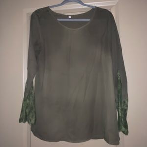 olive top with lace bell sleeve